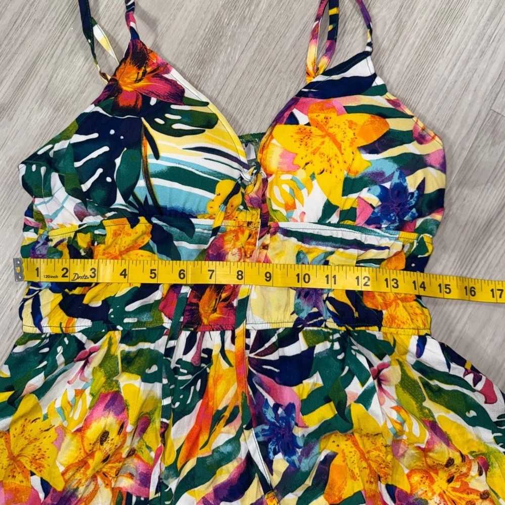 Jolie & Joy Tropical Floral Smocked Waist Tie Front Mini Sundress Yellow Multi L - Picture 6 of 9